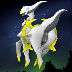 1girls arceus artist_request ass censored female flying furry green_sclera looking_back night outdoors pokemon pussy red_eyes sky solo tail