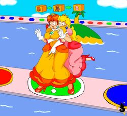 2016 2girls arms_under_breasts blonde_hair blue_eyes blush breasts brooch busty clothed clothing crotch_grab crown dress earrings elbow_gloves fingering firegon55 flower_earrings fully_clothed gloves heels high_heels human human_only island lips lipstick long_hair mario_(series) mario_party nintendo ocean open_mouth orange_hair palm_tree princess_daisy princess_peach shiningtatsu shoes shoulder_length_hair smile supergon55 yuri