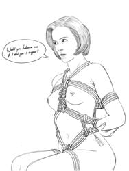 arms_behind_back bondage breasts cute dana_scully derkronide female femsub gift monochrome nipples nude rope shibari tied_up x-files