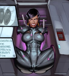 1girls aka6 black_hair bodysuit bondage breasts clenched_teeth clothed_female clothing dark-skinned_female endured_face eyes_rolling_back femsub latex mind_control mindbreak needles nipples overwatch pain pharah presenting pussy