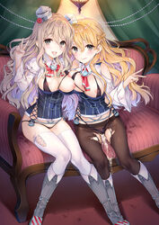 2girls :p bare_shoulders between_breasts black_legwear black_panties blonde_hair blush boots breasts censored cleavage clothes_between_breasts couch cum cum_in_mouth cum_in_pussy cum_on_body cum_on_breasts cum_on_hair cum_on_upper_body facial grey_eyes grey_hair hat heart heart_censor kaguyuzu kantai_collection large_breasts long_hair looking_at_viewer multiple_girls panties panties_aside pantyhose pola_(kantai_collection) shadow sitting tongue tongue_out torn_clothes torn_pantyhose underwear v wavy_hair white_legwear zara_(kantai_collection)