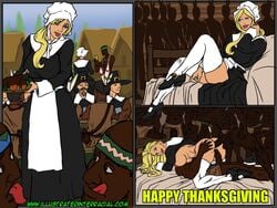 anal big_penis blonde_hair breasts dark-skinned_male dark_skin double_penetration english_text gangbang hair illustrated-interracial interracial large_breasts native_american penis pilgrim text thanksgiving threesome vaginal_penetration