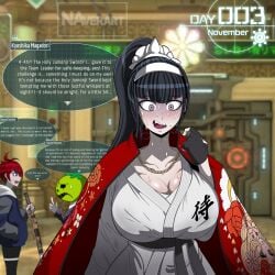1boy 2girls ahoge artist_logo artist_name bangs belt big_breasts black_belt black_gloves black_hair blue_eyes blue_hoodie breasts busty cape cleavage comic dougi english_text eyelashes fangs female female_focus fingerless_gloves game_ui gi gloves gold_(metal) gold_jewelry grey_eyes hairband handwear holding_object holding_weapon holy_jumonji_sword hoodie horny horny_female hot_and_bothered huge_breasts implied_masturbation indoors jewelry kanji kyoshika_magadori large_breasts long_hair long_sleeves magadori_kyoushika male masked masked_female messy_hair multicolored_hair naver no_nut_november oosuzuki_kurara open_mouth page_2 ponytail red_cape red_hair school scrunchie sharp_teeth shiny_breasts shiny_hair shiny_skin solo_focus speech_bubble steam steamy_breath sumino_takumi sweat sweatdrop sweating sweaty sword takumi_sumino text the_hundred_line_-last_defense_academy- tied_hair tomato tomato_mask tongue too_kyo_games trio twink two-tone_hair uniform weapon white_hairband white_scrunchie