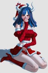1girls adorable artist_signature belly belly_button blue-haired_female blue_hair blush bow_panties christmas christmas_clothing christmas_hat christmas_outfit detached_sleeves female female_focus female_only fur heart heels highres horns hot mask masked_female no_bra one_piece panties pattern_clothing pattern_socks pink_eyes pink_highlights prixmal puffy_sleeves red_panties sexy shadow sitting skirt socks thighs topwear ulti_(one_piece)