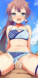 1boy 1girls 9law bikini bikini_aside blue_bikini blush brown_hair censored clothing cum cum_in_pussy cum_inside female female_on_top highres kantai_collection kazagumo_(kantai_collection) long_hair male navel open_mouth penetration penis ponytail pussy saliva sex solo_focus spread_legs striped striped_bikini sweat swimsuit tears tied_hair vaginal_penetration wavy_mouth