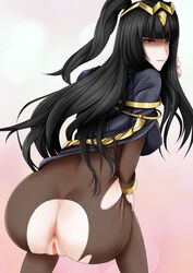 anus ass black_hair bodystocking cape crotch_cutout decensored female female_only fire_emblem fire_emblem_awakening from_behind gradient gradient_background janong jewelry large_breasts long_hair looking_back nintendo purple_eyes pussy solo tharja_(fire_emblem) tiara tied_hair torn_pantyhose twintails uncensored