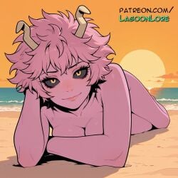 ai_generated artist_name ashido_mina beach black_sclera boku_no_hero_academia breasts bust chest cloud colored_sclera colored_skin female hi_res highres horizon horns lagoonlore looking_at_viewer lying lying_on_stomach mina_ashido my_hero_academia ocean on_belly on_stomach orange_sky outdoors patreon patreon_username pink_hair pink_skin prone_position sand short_hair sky smile solo sun sunset water watermark yellow_eyes