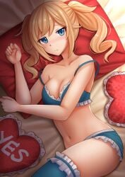1girls barbara_(genshin_impact) bare_arms bare_belly bare_chest bare_hands bare_midriff bare_navel bare_shoulders bare_skin bare_thighs blonde-haired_female blonde_eyebrows blonde_female blonde_hair blonde_hair_female blue-eyed_female blue_bra blue_eyes blue_legwear blue_panties blue_stockings blue_thigh_highs blue_thighhighs blue_underwear blush blush_face blushing_at_viewer blushing_female blushing_lines bra embarrassed embarrassed_expression embarrassed_female exposed_arms exposed_belly exposed_chest exposed_midriff exposed_navel exposed_shoulders exposed_skin exposed_thighs eyebrows_visible_through_hair female female_only flustered flustered_female genshin_impact half_naked half_nude kazenokaze lean_figure legwear lying lying_down lying_on_bed lying_on_side naked naked_female naked_woman narrow_waist nude nude_female nudity on_bed on_side panties semi_nude sidelocks slender_body slender_waist slim_waist stockings thigh_highs thighhighs twintails twintails_(hairstyle) underwear underwear_only