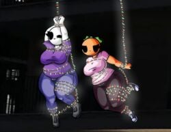 2girls bald bald_female black_eyes breasts chetoh christmas_light_bondage christmas_lights christmas_lights_around_legs chubby chubby_female claire_(chetoh) clothed clothed_female egg female female_focus female_only food_creature hanging jeans leaf leaf_hair lights mandy_(chetoh) oc orange orange_body original original_character photo_background pink_shirt purple_shirt shirt shoes smile smiling smiling_at_viewer tied_up tongue tongue_out white_body wink winking winking_at_viewer