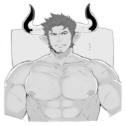 1boy abs agielba bara demon draph facial_hair granblue_fantasy horns humanoid looking_at_viewer male male_only monochrome muscle nipples pecs pointy_ears solo tagme