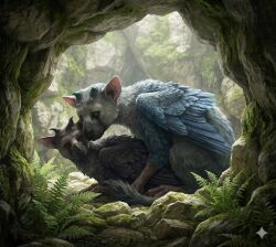 1boy 1girls avian cavern chimera dark_feathers feathers horns light_feathers male/female male_on_top soulslike the_last_guardian trico trico_(character) trico_(species) trico_(the_last_guardian) wings