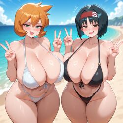 2girls ai_generated alternate_breast_size asymmetrical_docking bangs bare_shoulders beach bikini black_bikini black_eyes black_hair blue_sky blurry_background blush breast_press breasts clavicle cleavage clothing cloud collarbone curvaceous curvy day double_v erika_(pokemon) female female_only front-tie_bikini_top front-tie_top green_eyes hairband hands_up highleg_bikini huge_breasts kasumi_(pokemon) large_breasts looking_at_viewer misty_(pokemon_hgss) multiple_girls navel nervous_smile ocean open_mouth orange_hair outdoors plump pokemon pokemon_gsc pokemon_hgss red_hairband sand shiny_skin shore short_hair sideboob sky smile stomach sweat swimsuit thick_thighs thighs v water white_bikini white_swimsuit wide_hips