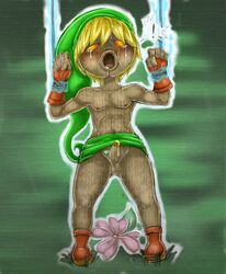 ! blonde_hair blush boots bound clothing crying deku_(tloz) deku_link deku_scrub erection femboy flower footwear girly gloves hair hat link majora's_mask male male_only nintendo penis plant skirt solo tears the_legend_of_zelda video_games wood young