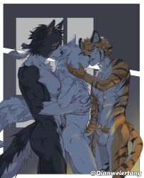 abs anal anal_sex anthro ass balls bite bite_mark_on_breast bite_marks_all_over black_body black_fur black_stripes blush blush_lines border_collie brown_markings canid canine canis collie domestic_dog ear_bite felid fluffy fluffy_tail foreskin fur genitals group hair herding_dog hi_res humanoid_genitalia kemono kissing male male/male male_penetrated male_penetrating male_penetrating_male mammal markings nipples orange_body orange_fur pantherine pastoral_dog pecs penetration penile penile_penetration penis penis_in_ass pointy_ears ponytail qianweiertang sex shadow sheepdog striped_body striped_fur stripes tail thrust_lines thrusting tiger trio white_body white_fur window_light wolf