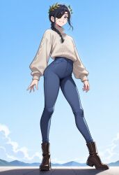 ai_generated androgynous blue_eyes braided_ponytail eye_patch femboy feminine_male girly high_heel_boots laurels smiling sweater tight_pants