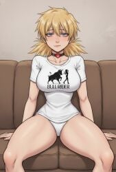 ai_generated bleached blonde_hair blue_eyes female_focus hellsing hjqjjwbeb large_breasts large_thighs looking_at_viewer meme_attire netorare qoh queen_of_hearts queen_of_hearts_necklace raceplay seras_victoria sitting solo tagme tiny_waist tired wide_hips