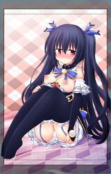 bare_shoulders black_hair blush breasts cameltoe female garter_straps hair_ornament long_hair neptunia_(series) noire panties red_eyes ribbon sekiri solo tied_hair twintails underwear