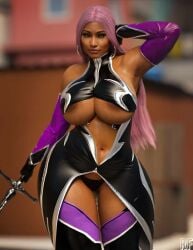 1girls 3d 3d_(artwork) armpit ass big_ass big_breasts breasts cosplay dark-skinned_female female female_only hell_knight hell_knight_(outfit) ingrid_(taimanin_asagi) makai_kishi_ingrid nicki_minaj nicki_minaj_(cod) pink_hair rude_frog sword thick_thighs wardrobe_malfunction