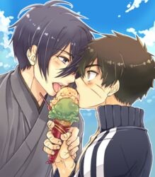 2boys blush doudanuki_masakuni food gay ice_cream licking male_only mikazuki_munechika multiple_boys outdoors sky smile tongue tongue_out touken_ranbu yaoi