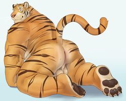 1boy adios all_fours anthro anus ass backsack balls canine feline fur inviting looking_at_viewer looking_back male male_only mammal muscular muscular_male nude perineum presenting presenting_hindquarters raised_tail rear_view smile solo spread_legs spreading stripes tiger