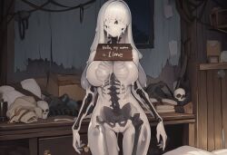 1girls ai_generated bones breasts female goo_creature hair_over_eyes horror horror_(theme) large_breasts lime_(paigen) monster_girl original original_character paigen pussy skeleton skull skull_face slime slime_girl undead visible_skeleton white_hair