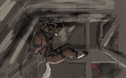 2024 anthro arms_tied_behind_back bondage bondage_gear bound brown_body brown_fur ceiling closed_eyes colored dated equid equine fur hanging_from_rope hi_res hooves horse inside jeri_kleinlowe male mammal signature solo storage storage_room wall_(structure) wood wood_wall