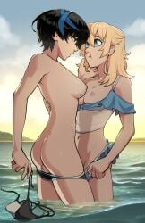2girls abs average_breasts bikini black-haired_female black_hair blonde_hair blush blushing_profusely breasts breasts_out bridget declaration_of_love female female_torso futa futa_on_female futadom futanari green_eyes guilty_gear guilty_gear_strive lake mleelunsford naked_female nude nude_female pout pubic_hair pussy shirt_lift small_breasts straight_sex swimsuit teal_eyes teenager thick_thighs thigh_sex thighhighs topless undressing unika_(guilty_gear) zet13