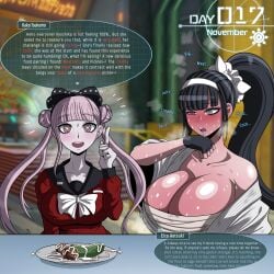 2girls aotsuki_eito bangs bare_shoulders big_breasts black_hair black_hairband blush blush_lines blushing_profusely breasts breasts_bigger_than_head bursting_breasts busty cafeteria cleavage clothed clothing comic dougi drool drool_on_face drool_string drooling duo eito_aotsuki english_text eyebrows_visible_through_hair eyelashes female female_only fingerless_gloves food fully_clothed game_ui gi gloves grey_eyes hair_bun hairband half-closed_eyes handwear horny horny_female hot_and_bothered huge_breasts innuendo kyoshika_magadori large_breasts light-skinned_female light_skin long_hair looking_at_viewer looking_away magadori_kyoushika massive_breasts mayonnaise meatball narrowed_eyes naver no_nut_november notice_lines offscreen_character offscreen_male open_mouth page_6 pale-skinned_female pale_skin penis_shaped_food pickle pickle_(food) pink_hair ponytail purple_eyes red_uniform sarashi school school_uniform scrunchie shiny_body shiny_breasts shiny_hair shiny_skin smile smiling smiling_at_viewer sparkling_eyes speech_bubble stain stained_clothes steam steamy_breath sweat sweat_stain sweatdrop sweating sweating_profusely sweaty sweaty_body sweaty_breasts talking_to_viewer text the_hundred_line_-last_defense_academy- tied_hair tongue too_kyo_games tsukumo_kako twin_buns twintails uniform white_hairband white_scrunchie wide_eyed