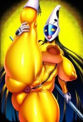 ai ai_generated anus anus_peek ass black_hair bodysuit boots breasts covered_nipples dark_nipples female female_only gloves holding holding_weapon huge_breasts huge_nipples leg_up lips lipstick long_hair makeup mask mongrealai nipples persona persona_4 solo split staff standing standing_on_one_leg standing_split thick_thighs thighs tomoe_(persona_4) very_long_hair weapon white_gloves yellow_bodysuit zipper
