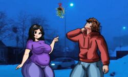 1boy1girl alternate_design black_eyes black_hair breasts brown_hair chetoh chubby chubby_female claire_(chetoh) clothed clothed_female clothed_male eggmale female hair height_difference hoodie human_claire humanized jeans looking_up male mistletoe oc original original_character photo_background purple_shirt red_hoodie shirt shorter_female smile smiling smiling_at_viewer taller_male winter