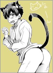 1boy animal_ears ass blush doudanuki_masakuni male_only monochrome open_mouth scar simple_background solo tagme tail touken_ranbu