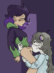 2enby abstract_background alleyway blowjob can_you_really_call_it_omori_if_its_omori_artist enby hoodie kkt05_(character) long_hair no_pants nonbinary nonbinary_(lore) nonbinary_flag nonbinary_pride_colors rndmpornart rndmpornart_(oc) she/they shirt smoke_from_mouth tagme