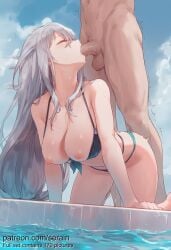 1boy 1girl 2026 ai_generated all_fours arknights bare_shoulders bikini bikini_pull black_bikini blue_bikini blue_sky blush breasts breasts_out cleavage closed_eyes clothed_female_nude_male clothes_pull cloud day fellatio grey_hair hanging_breasts hetero highres large_breasts long_hair low-tied_long_hair nipples nsfw nude oral outdoors penis pool pussy_juice serain sex skadi_(arknights) sky solo_focus swimsuit testicles thighs trembling uncensored very_long_hair water