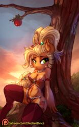 2016 alternate_hairstyle anthro anthrofied apple applejack_(mlp) blonde_hair breasts cloud cutie_mark david_delanty dfectivedvice earth_pony equine female food freckles friendship_is_magic fruit furry grass green_eyes horse landscape looking_at_viewer mammal my_little_pony orange_skin outdoors panties patreon plant pony pussy sky smooth_skin solo tree underwear