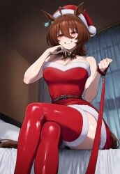 1girls agnes_tachyon_(umamusume) ai_generated assertive assertive_female blush breasts christmas christmas_outfit grin horse_ears horse_girl horse_tail leash light-skinned_female light_skin looking_at_viewer pov smile sweat sweatdrop thick_thighs thighs truck-kun_art truck_kun umamusume umamusume_pretty_derby