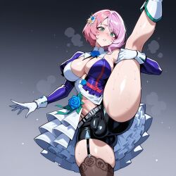 ai_generated alisa_bosconovitch ass_visible_through_thighs asymmetrical_clothes asymmetrical_legwear belt bike_shorts black_shorts black_thighhighs blue_flower blue_rose blush boots breasts brown_thighhighs bulge cleavage clothing clothing_cutout covered_penis covered_testicles dress erection erection_under_clothes female flower futanari garter_straps gloves gradient_background green_eyes grey_background hair_flower hair_ornament kneepits large_breasts leg_hold leg_lift leg_up legwear long_sleeves looking_at_viewer lunaart navel nose_blush official_alternate_costume parted_lips penis pink_hair puffy_sleeves rose short_hair shorts shrug_(clothing) single_thighhigh solo split standing standing_on_one_leg standing_split sweat tekken testicles thick_thighs thighhighs thighs uneven_legwear white_gloves