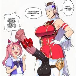 1girl1futa 2girls ai_assisted ai_generated animal_genitalia_on_humanoid dickgirl english_text futa_with_female futanari gold_ship_(umamusume) haru_urara_(umamusume) horse_ears horse_girl horse_penis horsecock horsecock_on_humanoid huge_cock hyper_penis imminent_sex kokenaart penis_awe pink_eyes pink_hair umamusume umamusume_pretty_derby white_hair