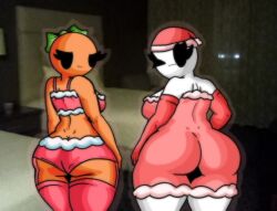 2girls :3 ass ass_focus bald bald_female big_ass black_eyes bra breasts chetoh christmas christmas_outfit chubby chubby_female claire_(chetoh) dress egg female female_focus female_only hat leaf leaf_hair looking_at_viewer mandy_(chetoh) oc orange orange_body original original_character original_characters panties photo_background rear_view red_bottomwear red_dress red_topwear santa_hat smile smiling smiling_at_viewer stockings white_body wink winking_at_viewer