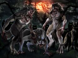 2022 4_toes 5_fingers all_fours angry anthro bared_fangs bared_teeth biped black_body black_claws black_fur black_lips black_nose black_pawpads blood blood_drip blood_from_mouth blood_in_mouth blood_on_arms blood_on_chest blood_on_claws blood_on_face blood_on_feet blood_on_fur blood_on_hand blood_on_neck blue_eyes blue_markings blurred_background bodily_fluids brown_body brown_fur canid canine canis cheek_tuft chest_scar claws cloud crotch_tuft curled_fingers depth_of_field detailed detailed_background detailed_fur digitigrade dripping ears_back facial_tuft fangs featureless_crotch feet feral finger_claws fingers fluffy fluffy_tail forest fur ghostbloodmoon gloves_(marking) glowing glowing_eyes grass green_eyes grey_body grey_claws grey_fur group head_tuft hi_res jewelry leg_scar light lips long_claws long_mane looking_at_viewer male mame mammal mane markings moon moonlight multicolored_body multicolored_fur muscular muscular_anthro muscular_male mythological_canine mythological_creature mythology neck_tuft necklace necklace_only night nude open_mouth outside pawpads paws pecs pink_pawpads pivoted_ears plant raised_hackles rakan red_eyes red_moon roaring scar seffuel sharp_teeth signature sky snarling standing steelsart tail tan_body tan_fur teeth toe_claws toes tongue tree trio trio_focus tuft werecanid werecanine werecreature werewolf whisker_spots white_body white_fur wolf yellow_eyes