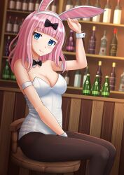 1girls 2d 2d_(artwork) 2d_artwork arm_above_head arm_up bar_(place) bar_counter bar_stool black_bow black_bowtie black_hair_bow blue-eyed_female blue_eyes blunt_bangs blush blush_face blushing_at_viewer blushing_female blushing_lines bowtie breasts bunny_ears bunnygirl bunnygirl_outfit bunnysuit cleavage closed_mouth_smile collar collarbone curvaceous curvaceous_body curvaceous_female curvaceous_figure curvaceous_hips curvaceous_teen curvy curvy_body curvy_female curvy_figure curvy_hips curvy_teen digital digital_art digital_drawing digital_drawing_(artwork) digital_media digital_media_(artwork) elbows female female_focus female_only fingers fujiwara_chika groin hairbow hand_above_head hand_up head_tilt high_resolution high_school_student highres hourglass_figure indoor indoors kaguya-sama_wa_kokurasetai_~tensai-tachi_no_renai_zunousen~ kazenokaze lean_figure legs_closed legs_together leotard licking_lips light_smile long_hair looking_at_viewer medium_breasts narrow_waist pink-haired_female pink_eyebrows pink_hair school_girl shoulders sitting slender_body slender_waist slim_waist smile smiley_face smiling smiling_at_viewer solo teen_girl teenage_girl teenager thighs thighs_together tilted_head topwear upper_body white_bunny_ears white_bunnysuit white_collar white_hairband white_leotard white_topwear white_wrist_cuffs wide_hips wrist_cuffs young_female young_woman