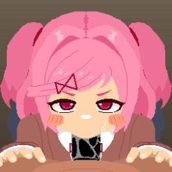 1boy 1girls animated blowjob censored dark-skinned_male doki_doki_literature_club female hetyoina looking_at_viewer loop looping_animation male male/female male_pov natsuki_(doki_doki_literature_club) pixel_animation pixel_art pov short_hair