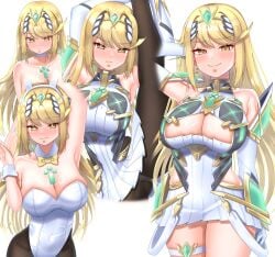 1girls absurdres animal_ears arm_up armpits arms_up bare_shoulders black_pantyhose blonde_hair blush breasts cleavage cleavage_cutout closed_mouth clothing_cutout commentary commentary_request core_crystal core_crystal_(xenoblade) dress earrings female female_only highres jewelry large_breasts leotard long_hair meipasuye microdress multiple_views mythra mythra_(massive_melee)_(xenoblade) mythra_(radiant_beach)_(xenoblade) mythra_(xenoblade) official_alternate_costume one-piece_swimsuit panties panties_under_pantyhose pantyhose rabbit_ears simple_background skindentation smile sparkle split standing standing_on_one_leg standing_split strapless strapless_leotard strapless_one-piece_swimsuit stretching swimsuit thigh_strap tiara underwear white_background white_dress white_leotard white_one-piece_swimsuit white_panties xenoblade_(series) xenoblade_chronicles_2 yellow_eyes