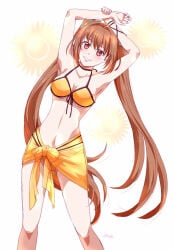 1girl antenna_hair armpits arms_behind_head artist_name bikini breasts brown_eyes brown_hair cleavage cowboy_shot eiyuu_densetsu estelle_bright floating_hair flower grin hair_between_eyes hair_intakes hajimari_no_kiseki large_breasts long_hair navel simple_background smile solo sora_no_kiseki stretching sunflower swimsuit teeth trails_in_the_sky twintails very_long_hair white_background xiacheng_tatsuya