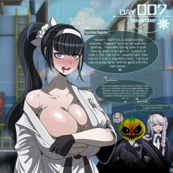 3girls angry angry_face bandage bandages bangs bare_shoulders belt big_breasts black_belt black_cape black_hair black_hairband blonde_hair blue_sky blush blush_lines bowl_cut braid braided_hair braided_ponytail breasts breasts_bigger_than_head bubble bubbles busty cape cleavage closed_eyes clothed clothing comic covered_nipples day dialogue dougi drool drooling english_text female female_only flower_hair_ornament flower_hairpin fully_clothed game_ui gi grey_eyes hair_ornament hairband hairpin horny horny_female hot_and_bothered huge_breasts just_woke_up kirifuji_nozomi kyoshika_magadori large_breasts light-skinned_female light_skin long_hair long_sleeves looking_at_another looking_at_viewer magadori_kyoushika massive_breasts morning multiple_girls naver nervous nervous_smile no_bra no_nut_november oosuzuki_kurara oosuzuki_kurara_(unmasked) open_mouth outdoors page_3 pale-skinned_female pale_skin ponytail reaction_bubble rooftop sarashi scary_face school scrunchie shiny_breasts shiny_hair shiny_skin short_hair sleepy smile smiling solo_focus speech_bubble steam steamy_breath sweat sweatdrop sweating sweaty sweaty_body text the_hundred_line_-last_defense_academy- tied_hair tired tomato tomato_mask tongue too_kyo_games trio undressing uniform voluptuous voluptuous_female white_hair white_hairband white_scrunchie