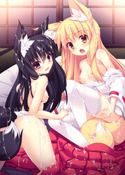 2girls animal_ears black_hair blonde_hair breasts bukkake cover cover_page cum cum_on_body cum_on_breasts cum_on_hair cum_on_lower_body cum_on_upper_body fox_ears fox_tail hakama japanese_clothes long_hair miko multiple_girls nipples open_clothes original purple_eyes roshin small_breasts tail thighhighs yellow_eyes