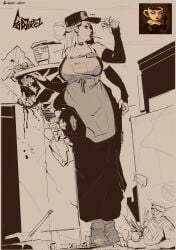 barista building_destruction carrying_object city coffee coffee_cup four_arms giantess godjirez grabbing_object helicopter holding_object looking_away looking_away_from_viewer smoking smoking_cigarette soldier tank tray
