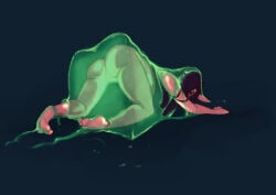 gynesisx rei_(gynesisx) jello slime slime_monster dark-skinned_female bottomless_female sketch groaning black_hair vagina pussy all_fours stuck slime_cube black_lipstick feet devouring trapped messy goo_creature