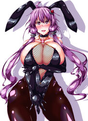 blush blushing breast bunny_girl bunnysuit chubby fishnet huge_breasts hyper_breasts latex legs masturbation nipples purple_hair shiny_clothes stockings vocaloid voiceroid voluptuous yuzuki_yukari