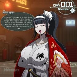 1girls arms_crossed arms_crossed_under_breasts artist_logo artist_name bangs belt big_breasts black_belt black_hair breasts busty cape closed_eyes clothed clothing comic crossed_arms dougi english_text eyebrows_visible_through_hair eyelashes female female_only fully_clothed game_ui gi gold_(metal) gold_chain gold_jewelry gold_necklace gym hairband holy_jumonji_sword huge_breasts indoors jewelry kanji kyoshika_magadori large_breasts light-skinned_female light_skin long_hair magadori_kyoushika naver no_nut_november open_mouth page_1 pale-skinned_female pale_skin ponytail red_cape school scrunchie smile smiling solo solo_female speech_bubble standing sword text the_hundred_line_-last_defense_academy- tied_hair tongue too_kyo_games uniform weapon white_hairband white_scrunchie