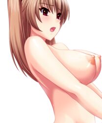 areolae atelier_kaguya atelier_kaguya_honky-tonk_pumpkin ayabe_miyuki blush breasts brown_hair game_cg ijira_rental large_breasts nipples nude pointy_chin red_eyes sakagami_umi shiny_skin sweat transparent_background